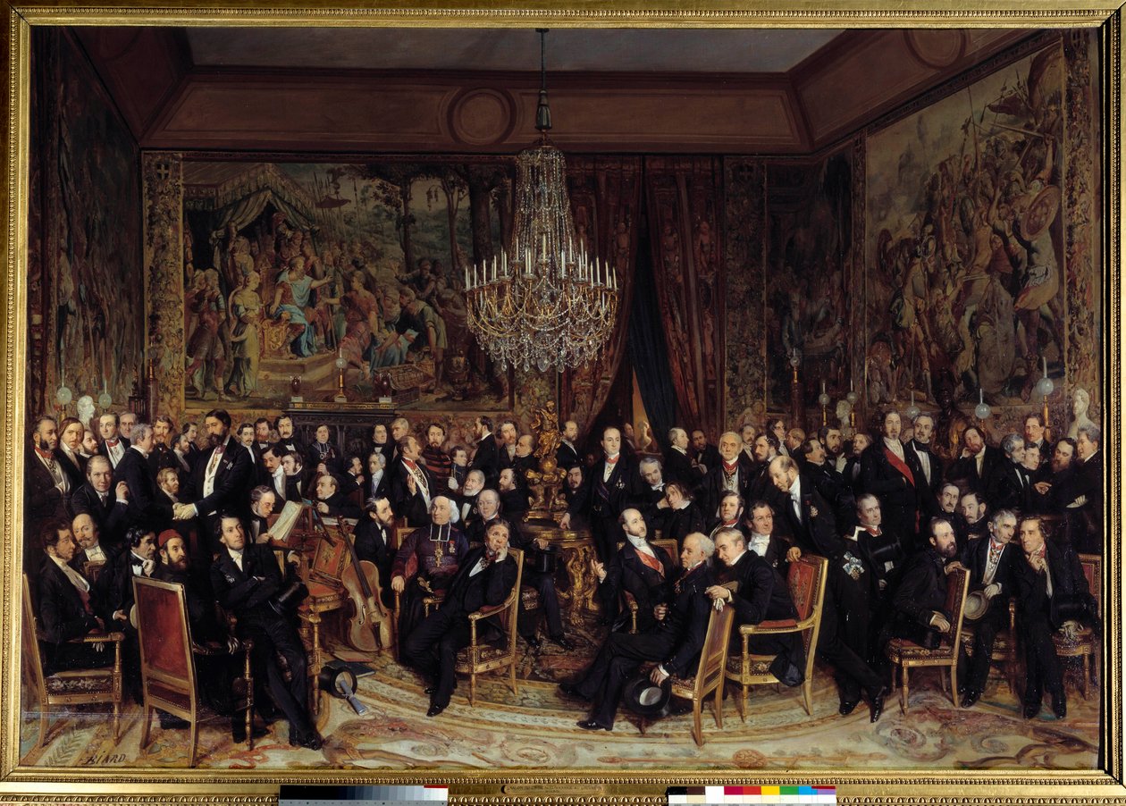 Večer v Louvru s hrabětem Nieuwerkerke Mezi dárky: Francois Marcellin Certain de Canrobert (1809-1895), Eugene Delacroix (1798-1863), Camille Doucet (1812-1895), Jacques Fromental Levy dit Halevy (1799-1862) , baron Georges Haussmann ( od François Auguste Biard