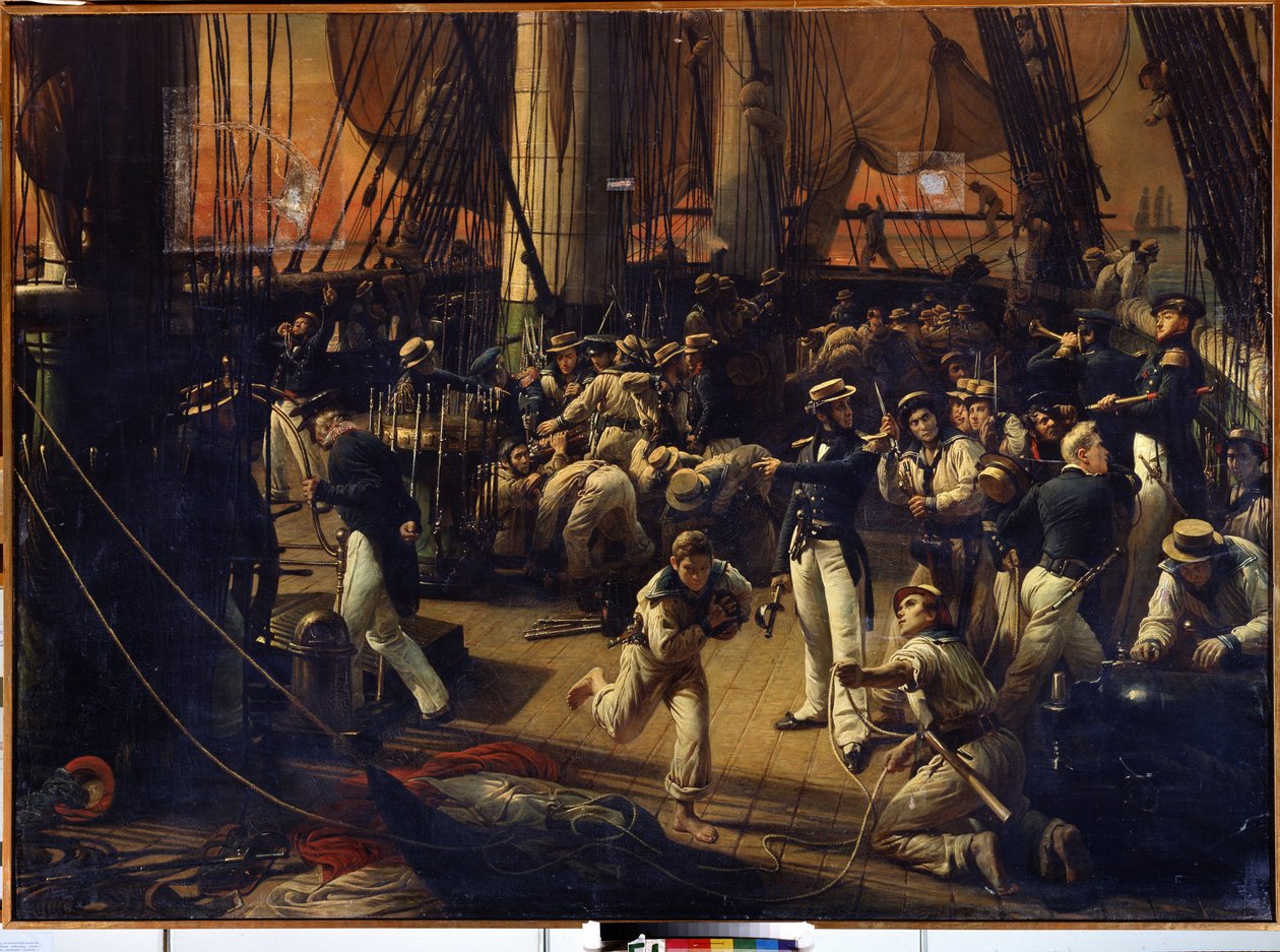 Přípravy na nástup. Obraz Francoise Auguste Biarda (1798-1882). Olej na plátně, 160 x 220 cm od François Auguste Biard