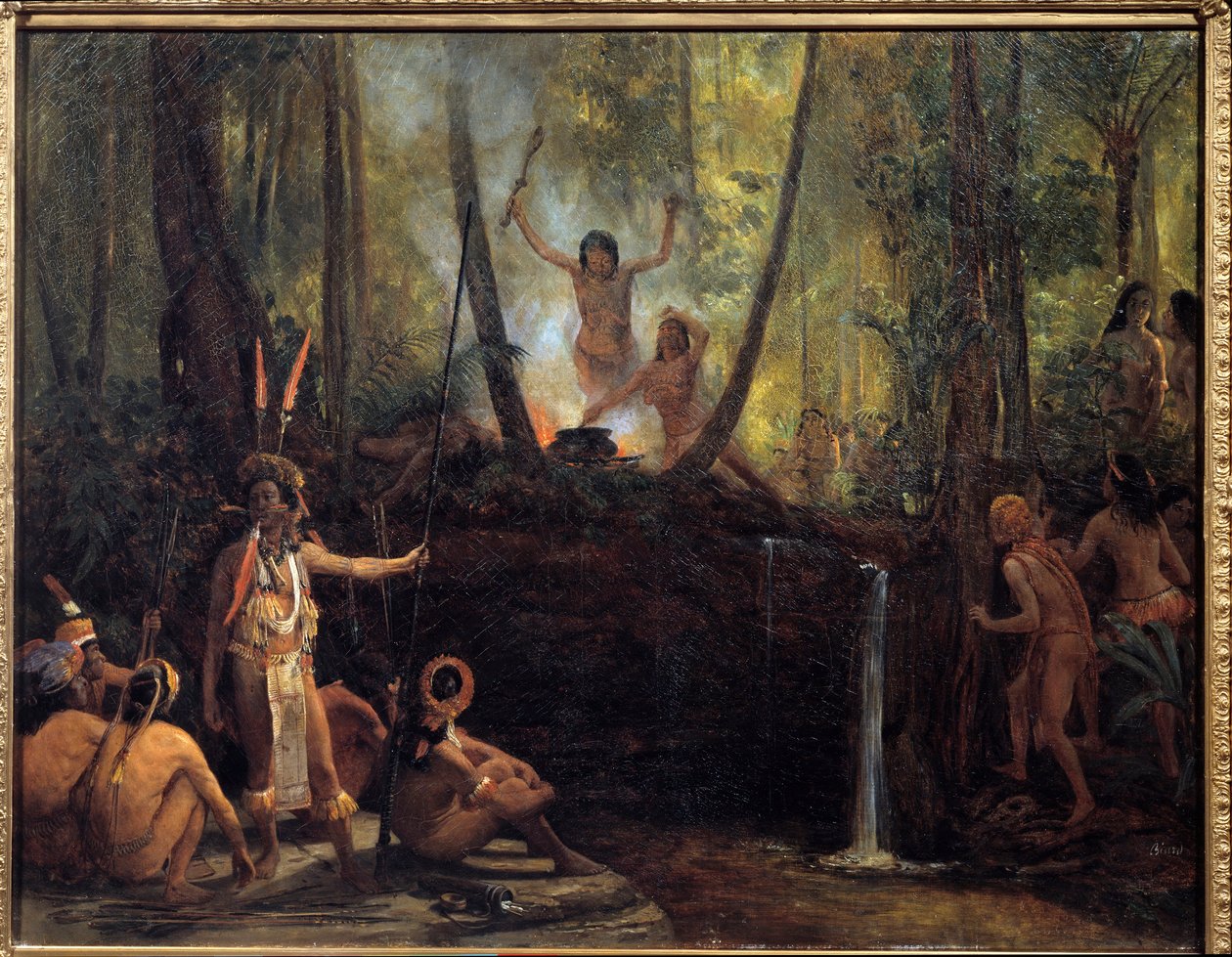Výroba kurare v bresilském lese Extrakce kurare, látky odebrané z révy amazonských stromů způsobující paralýzu. Obraz Francoise Auguste Biarda (1799-1882) La Rochelle z 19. století, Musee du Nouveau Monde od François Auguste Biard