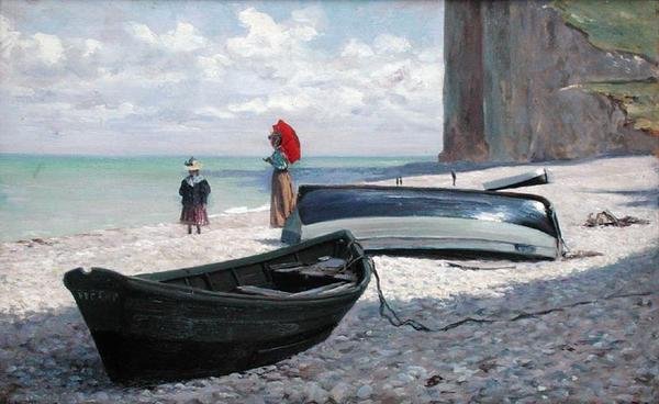 Plážová scéna ve Fecamp, severní Francie (olej na panelu) od Francois Auguste Didier Clovis