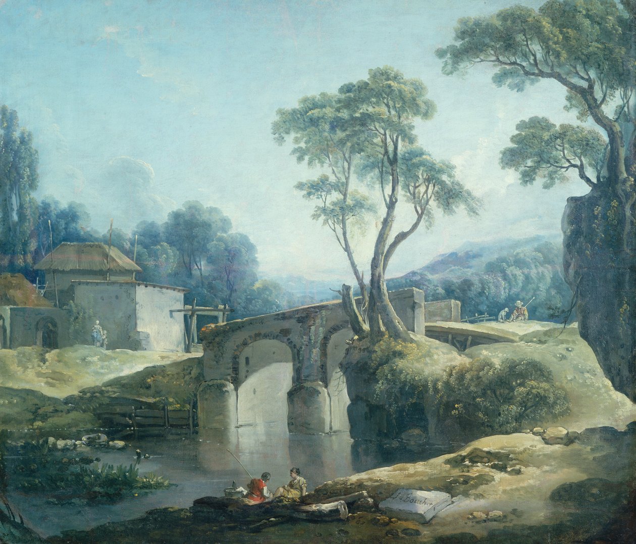 Zalesněná krajina s mostem přes řeku (olej na plátně) od François Boucher