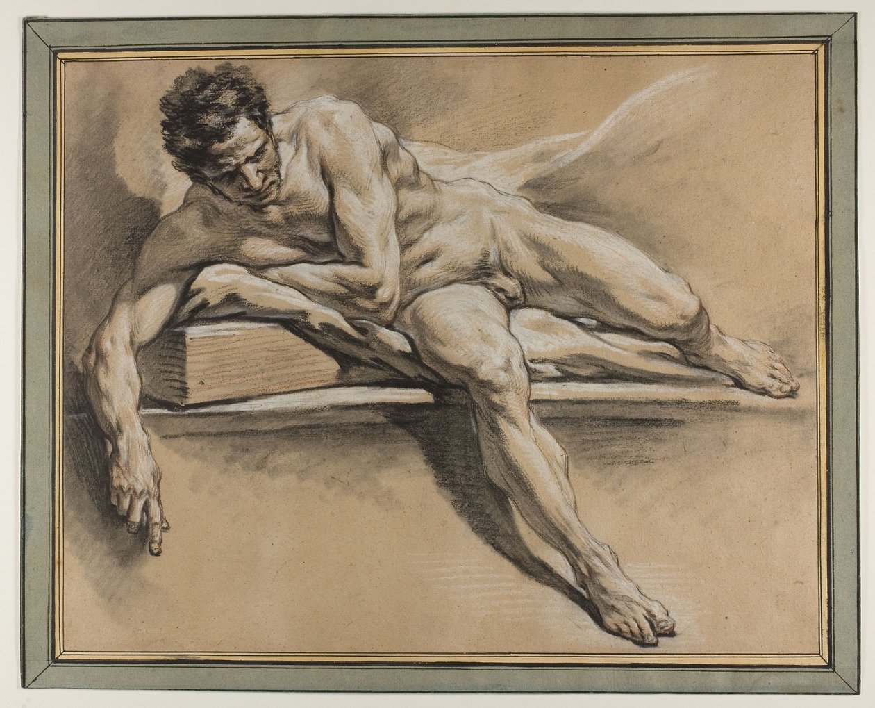 Akademická studie ležícího mužského aktu, cca 1750 (černá, červená a bílá křída na papíře) od François Boucher