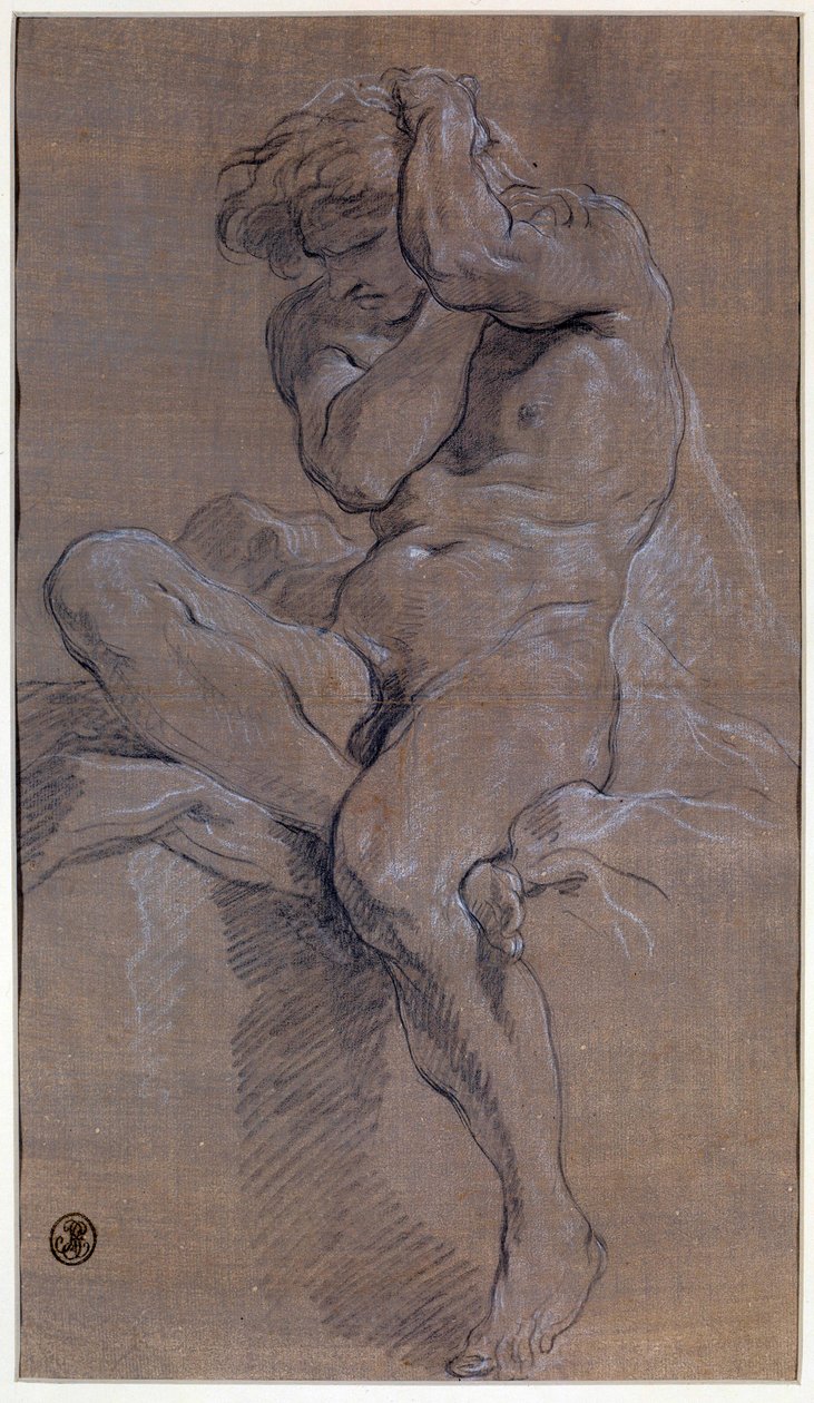 Akademie sedícího nahého muže Kresba červenou krví od Francoise Bouchera (1703-1770) Paříž 18. století, muzeum Louvre od François Boucher