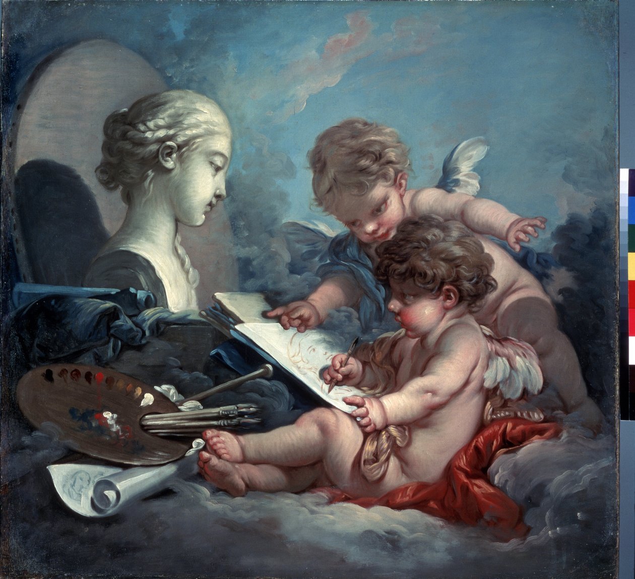 ""Alegorie malby"" (Cupids. Alegorie malby) Obraz Francoise Bouchera (1703-1770) kolem roku 1760 Rozměr 82x87 cm Muzeum Ermitáže, Petrohrad (Saint-Petersburg) od François Boucher