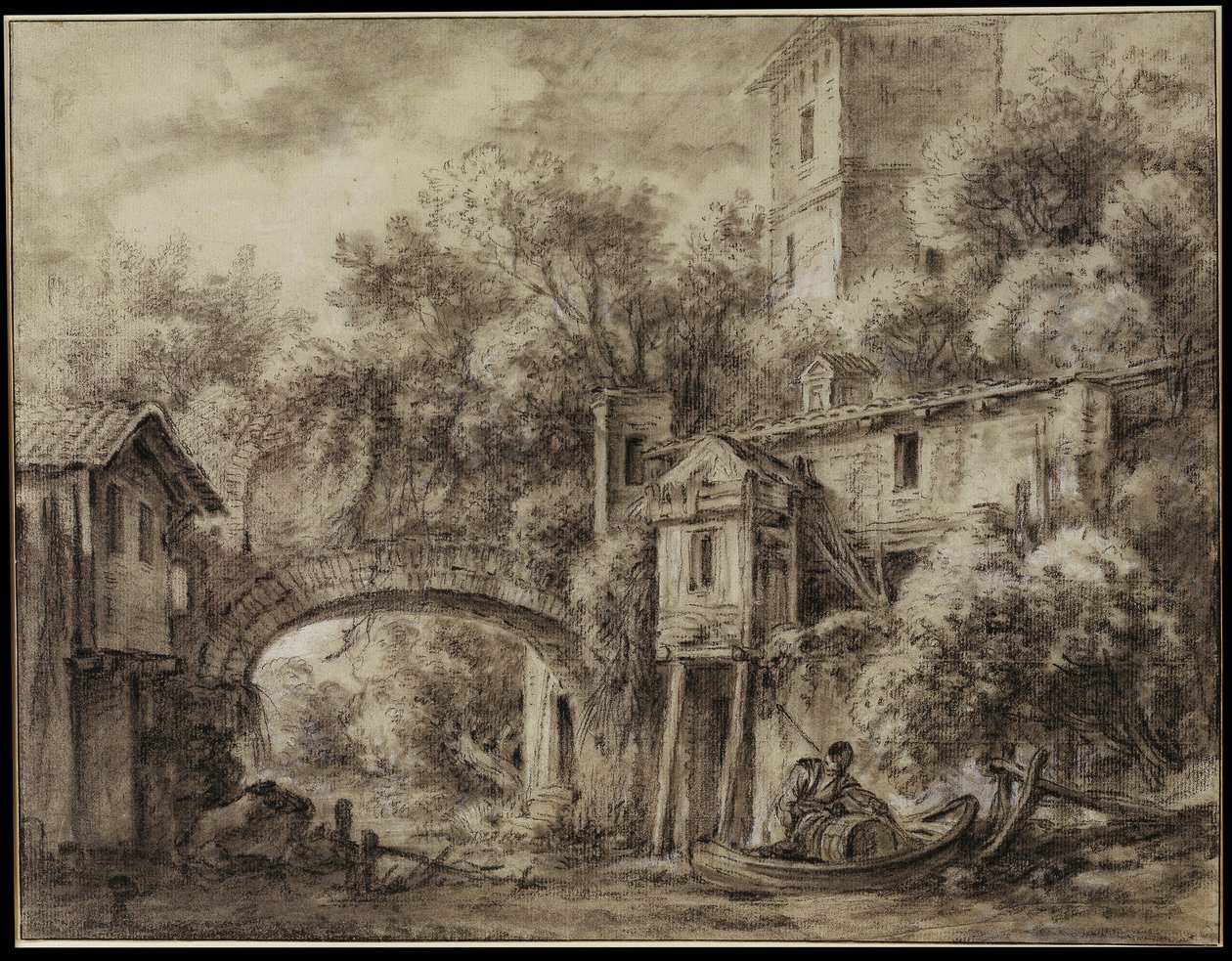 Architektonické capriccio s mlýnem v Quiquengrogne u Charentonu od François Boucher