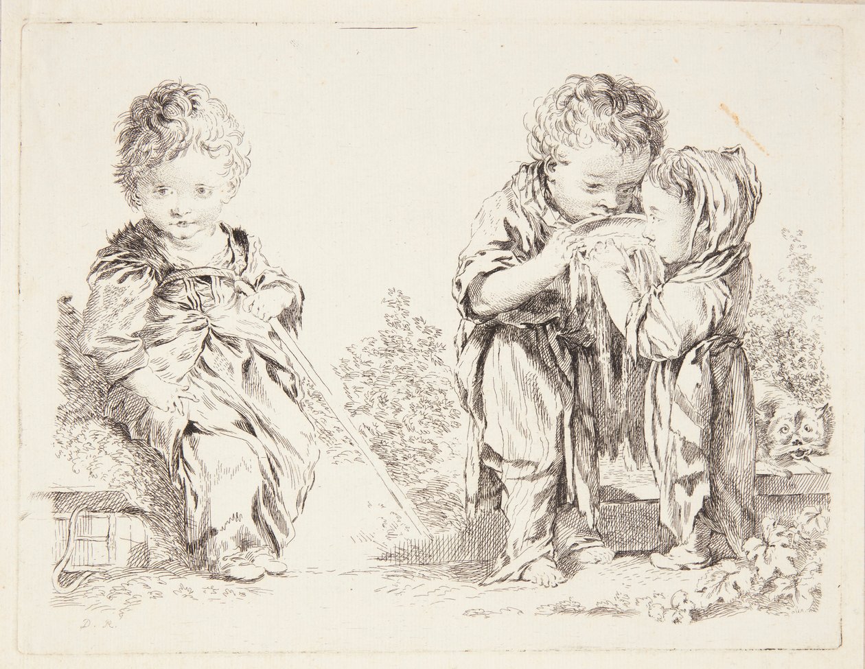 Dítě sedí na hroudu země a malí pijáci mléka od François Boucher