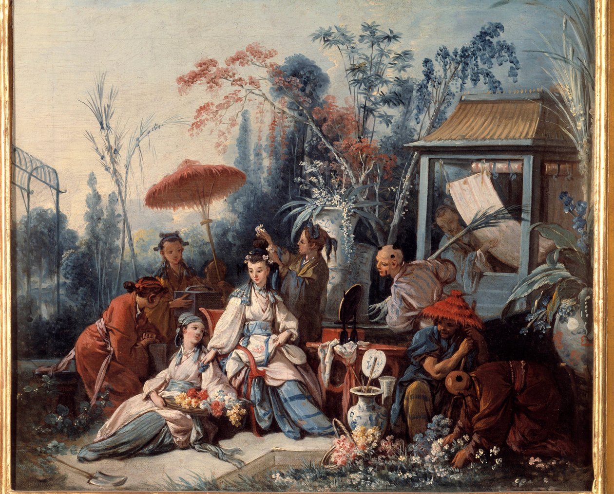 Čínská zahrada scéna Chinoiseries zobrazující mladou ženu obklopenou služebnictvem. Obraz Francoise Bouchera (1703-1770) od François Boucher