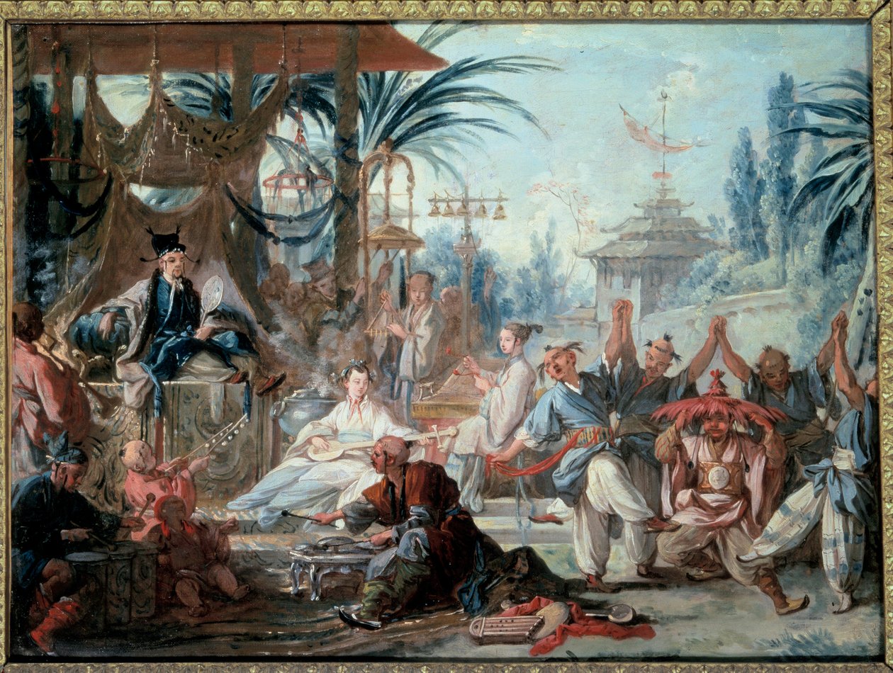 Chinoiserie: “” Čínský tanec””” Zábavní scéna na císařském dvoře s hudebníky a tanečníky. Obraz Francoise Bouchera (1703-1770) 1740 Besancon, Musee des Beaux Arts od François Boucher