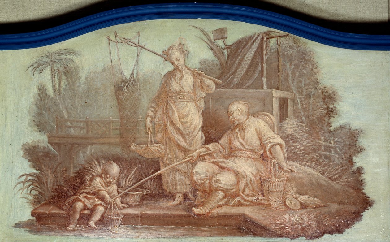 Chinoiserie: Scéna rybolovu v Číně. Kresby Front de porte od Francoise Bouchera (1703-1770) od François Boucher