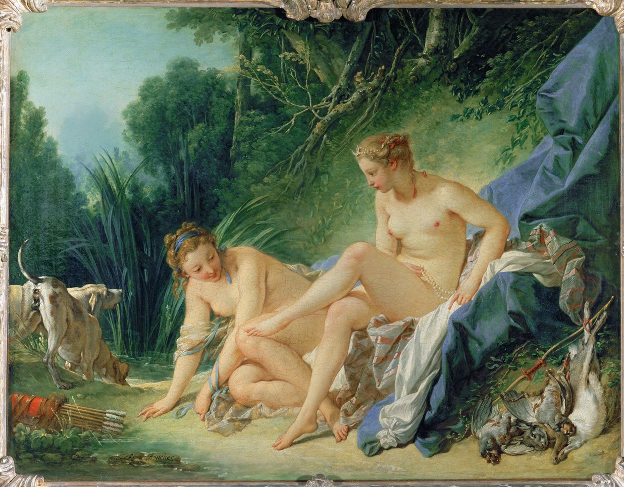 Diane au bain - Diana se koupe po lovu. Měsíční srpek v jejích vlasech je symbolem vody, měsíce ... od François Boucher