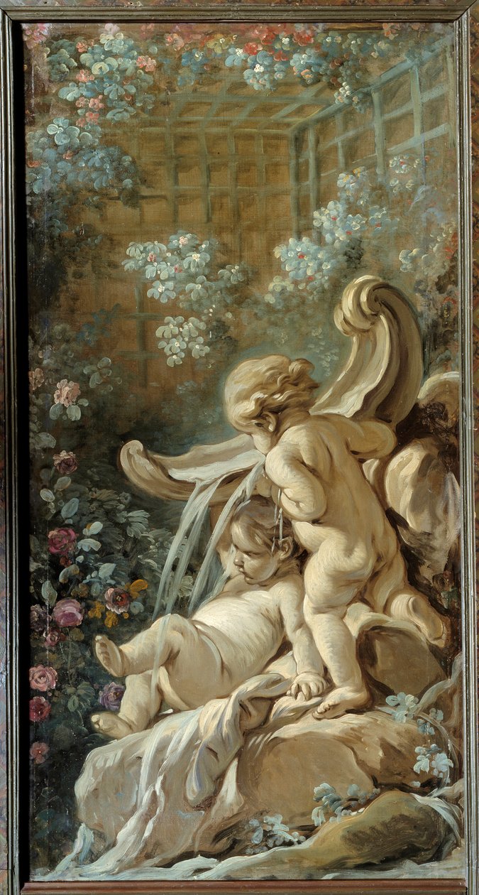 Výplň dveří obývacího pokoje Demarteau: fontána se dvěma láskami, z nichž jedna leží. Obraz Francoise Bouchera (1703-1770) od François Boucher