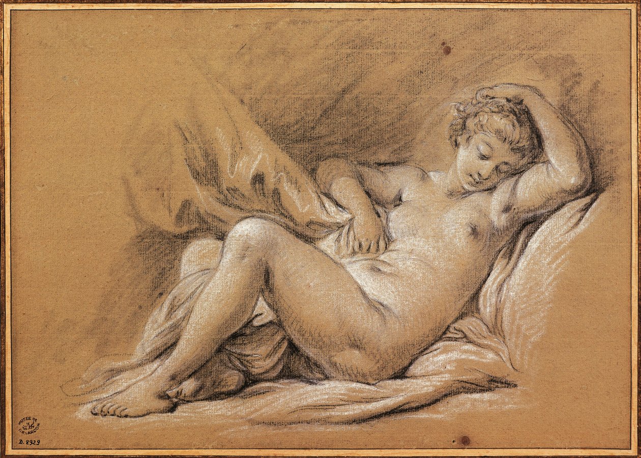 Francie, Chinoiseries, kresba nahé ženy na posteli (kresba) od François Boucher