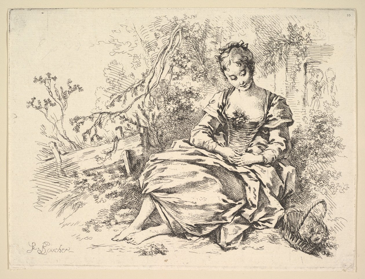Dívka v krajině s košíkem květin od François Boucher