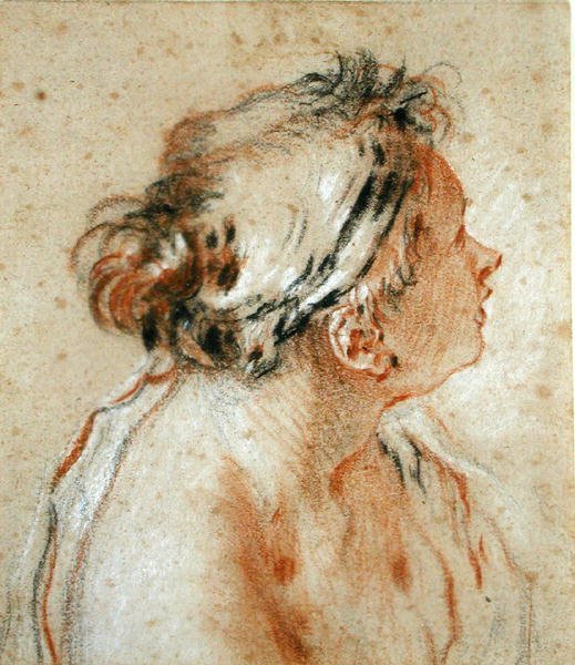 Hlava nymfy (černá, bílá a červená křída na světle hnědém papíře) od François Boucher