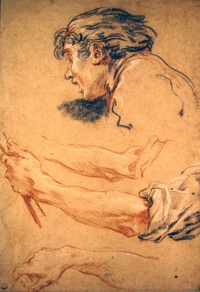 Hlava pastýře a studie jeho ruky a paže (černé, červené a bílé křídy na papíře) od François Boucher