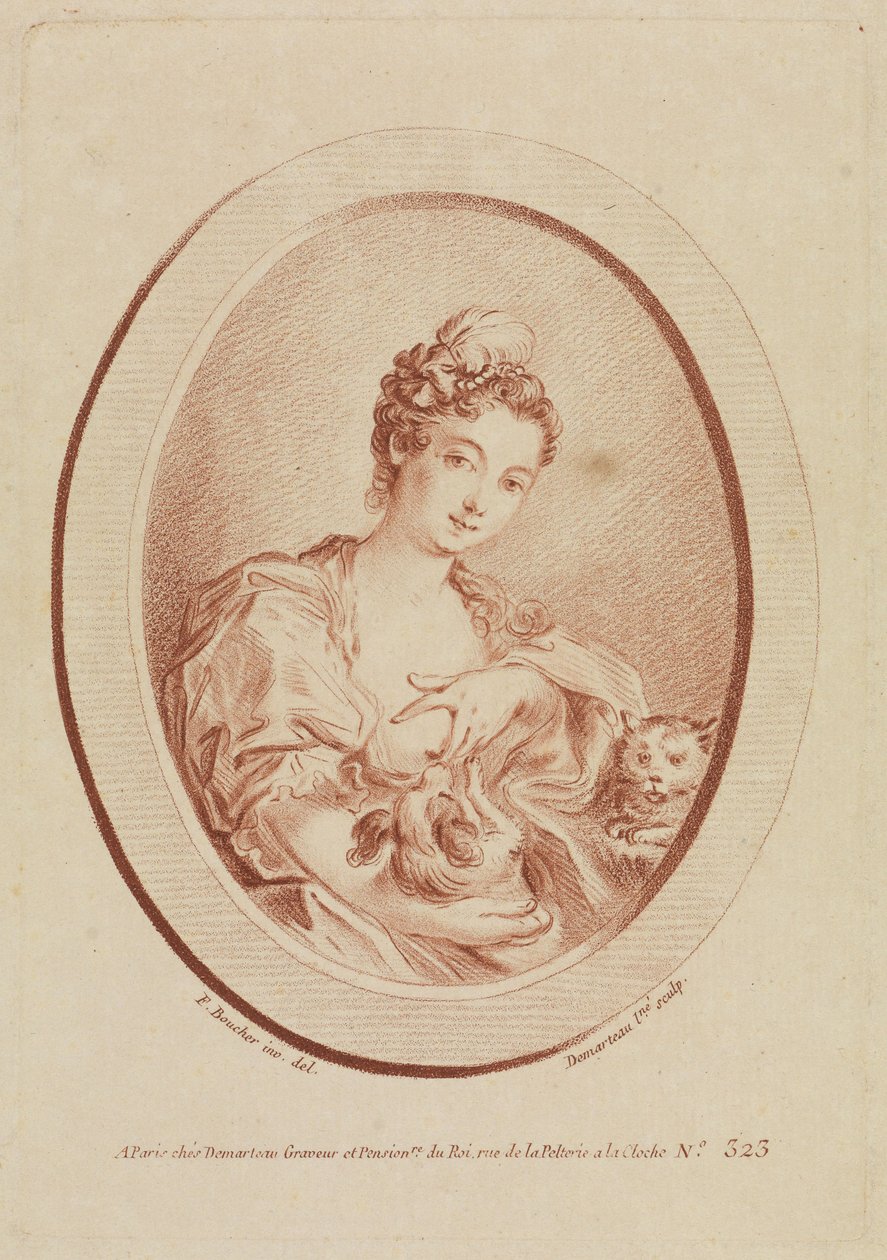 Mladá žena s psíkem a koťátkem od François Boucher