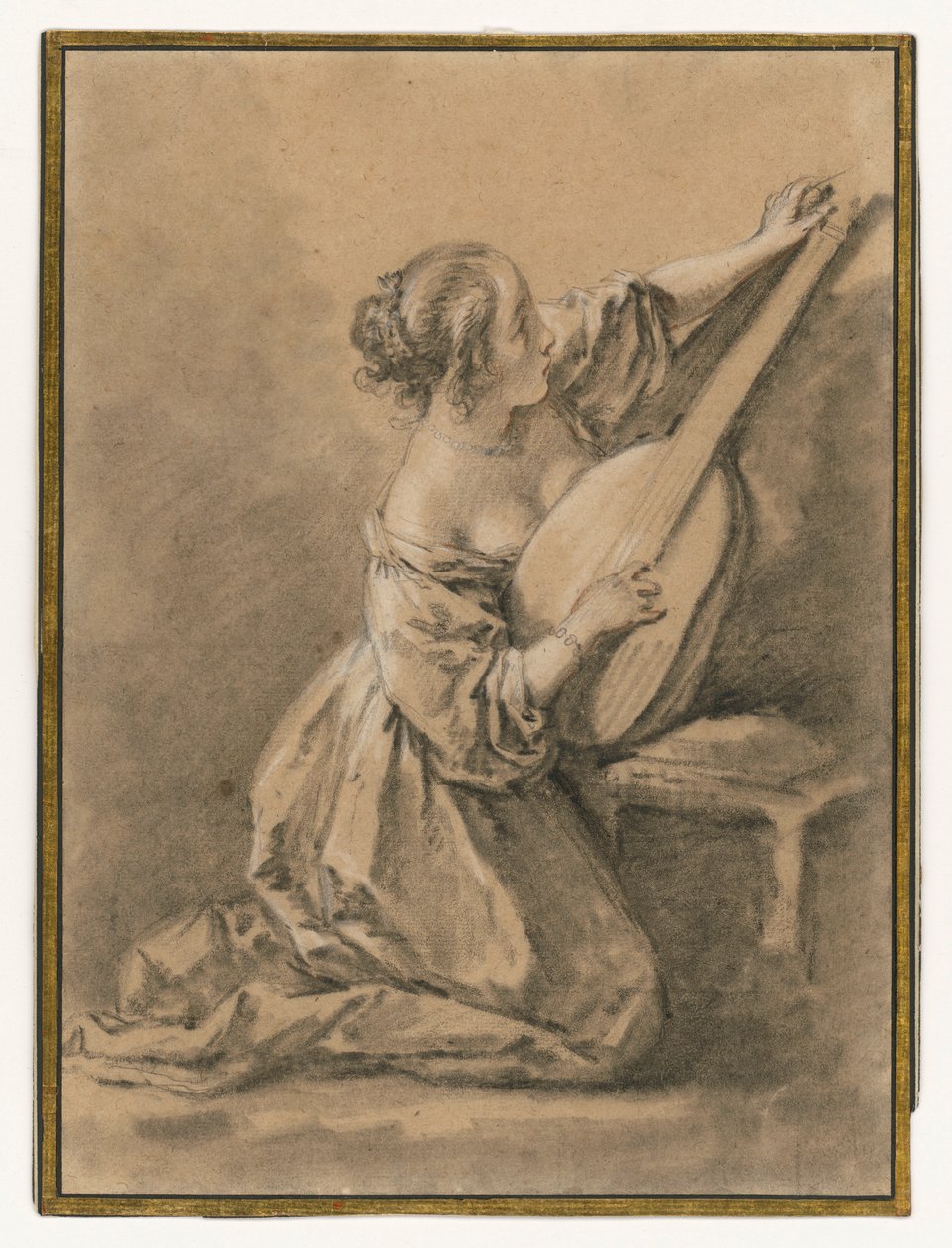 Mladá žena klečící a ladící loutnu od François Boucher