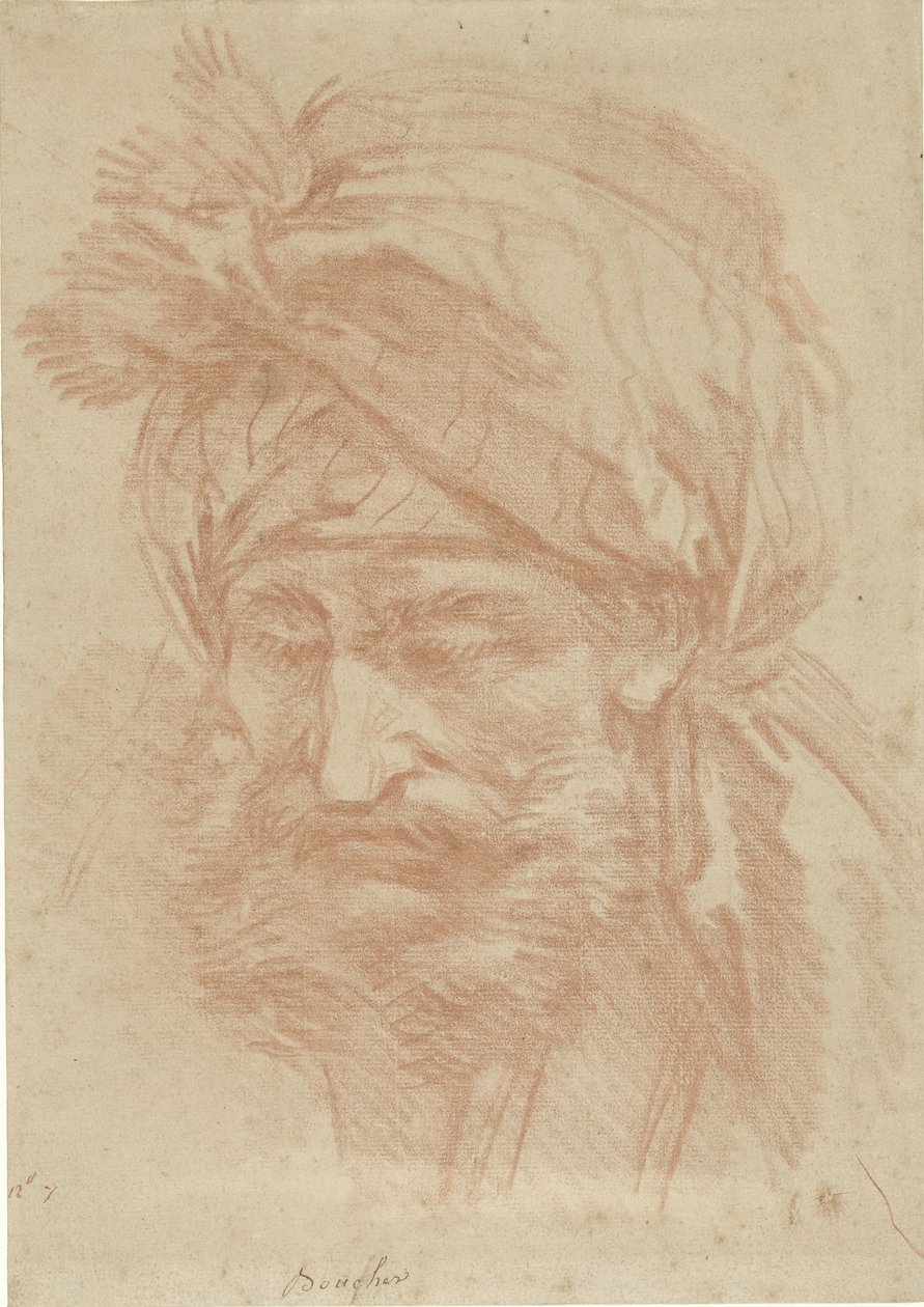Hlava vousatého muže z Východu s turbanem, pohled zepředu, pohled směřující dolů od François Boucher