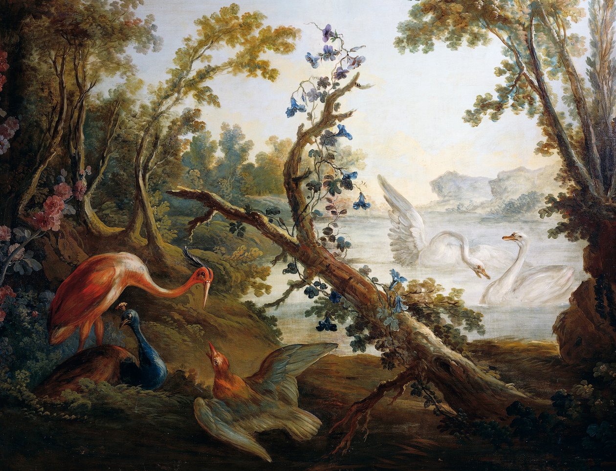 Krajina s labutěmi, cca 1765, Francois Boucher (1703-1770), Jean-Baptiste Huet (1745-1811) a Jean Honore Fragonard (1732-1806), detail ze severní stěny Salon Demarteau, Paříž, Francie, Francie od François Boucher