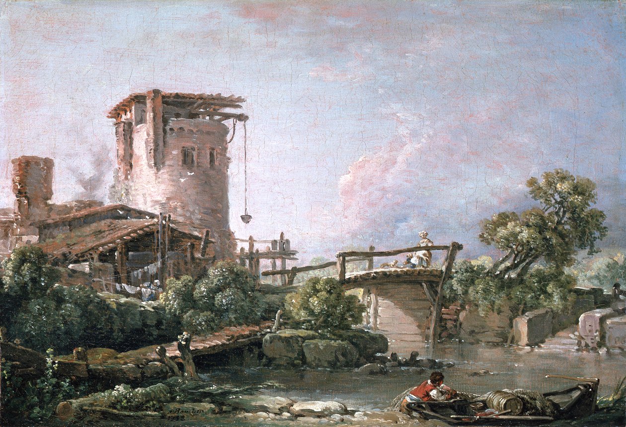 Krajina s věží a mostem od François Boucher