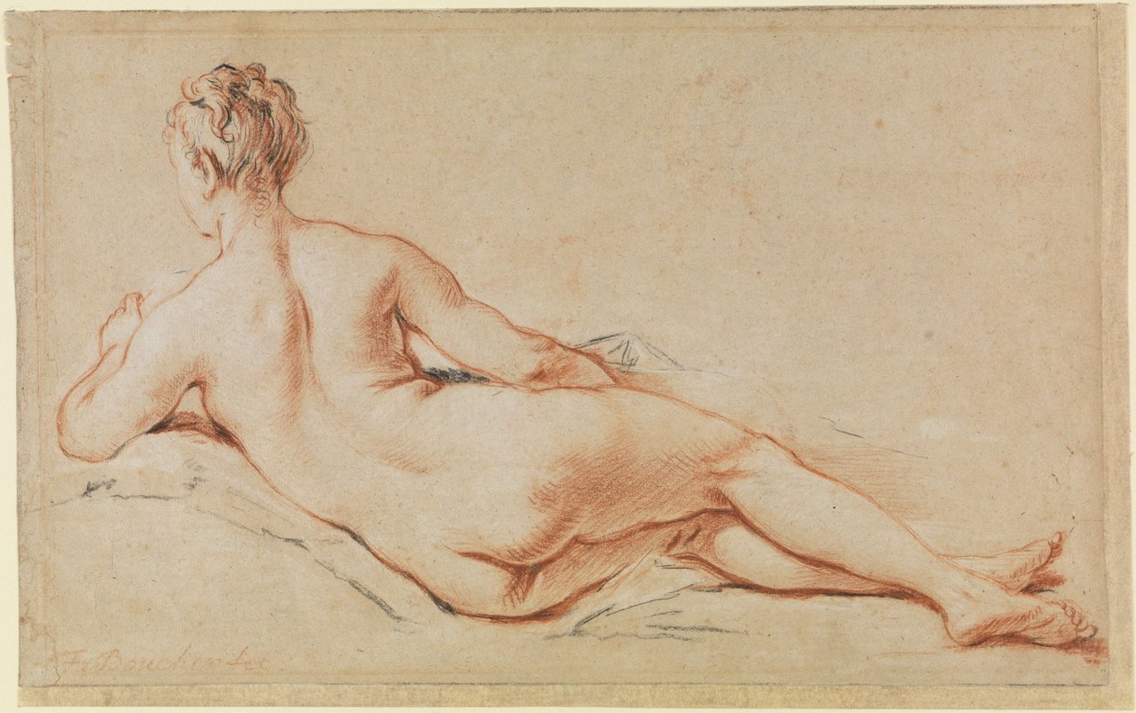 Ležící ženský akt, opírající se o levou paži, pohled zezadu od François Boucher
