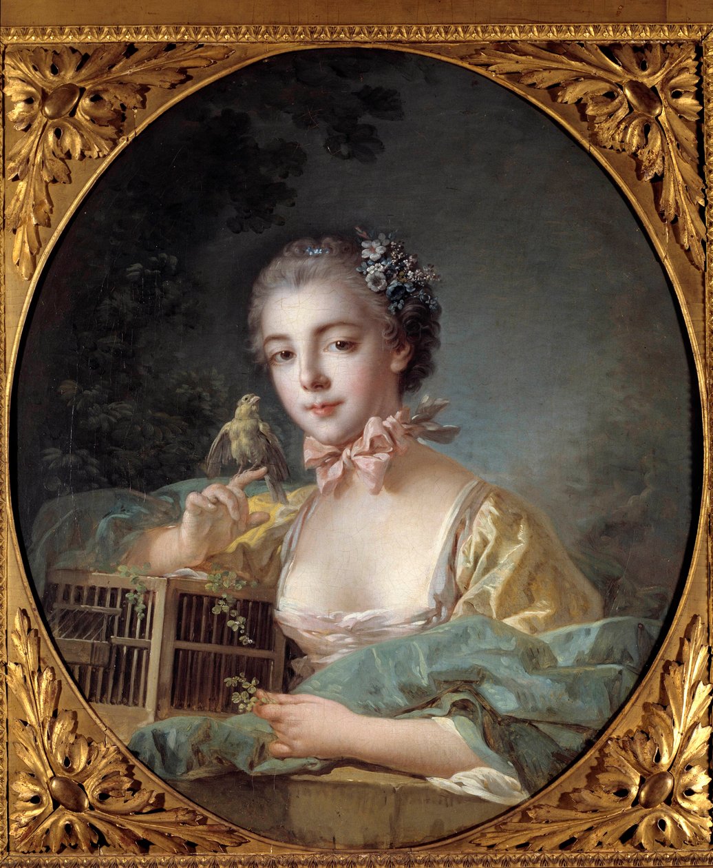Portrét madame Baudoinové, dcery malíře Dívka pózuje se svým kanárkem. Obraz Francoise Bouchera (1703-1770) Paříž 18. století. Muzeum Cognacq Jay od François Boucher