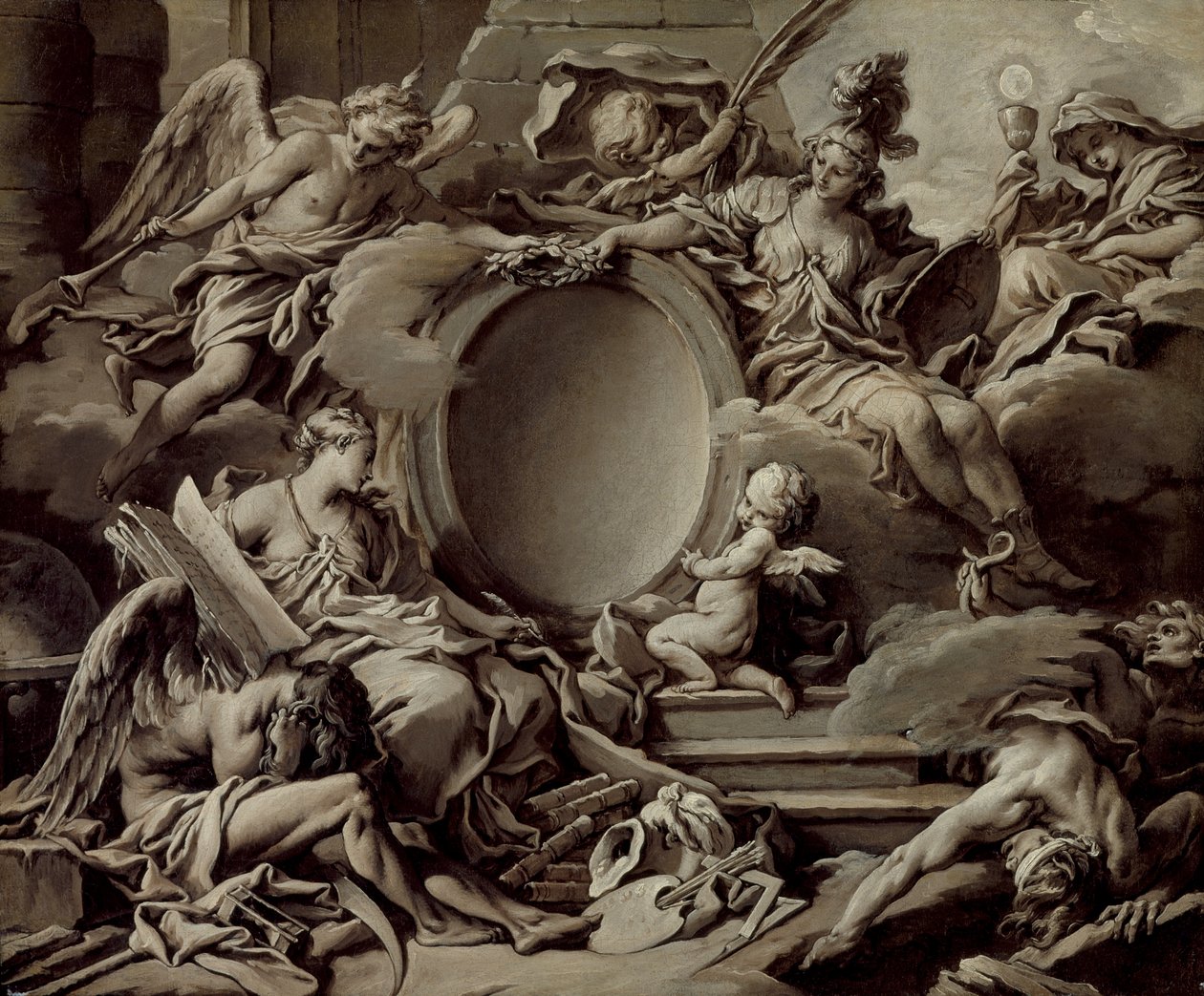 Návrh kartuše: Alegorie Minervy, Slávy, Historie a Víry, které přemáhají nevědomost a čas od François Boucher