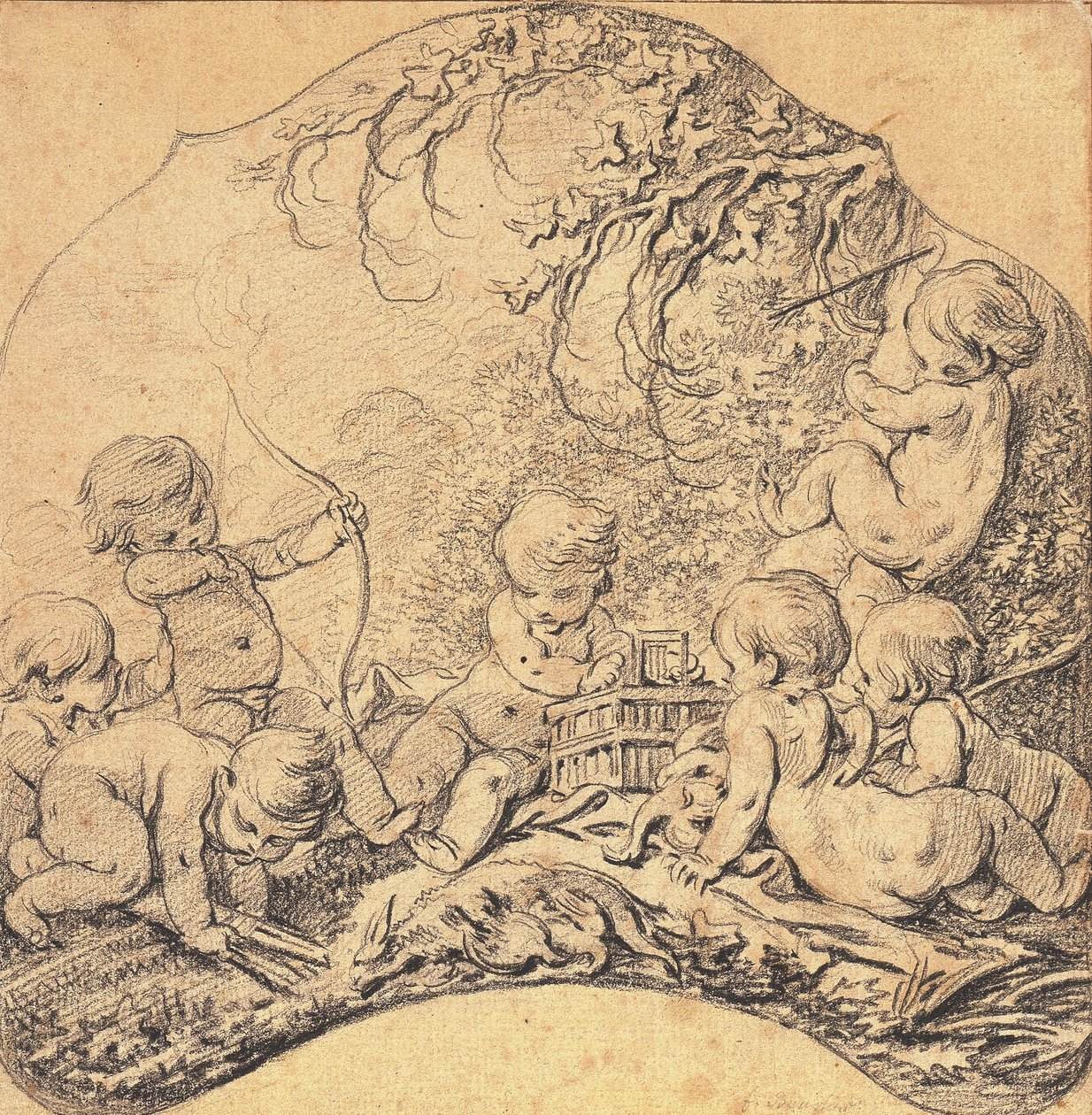 Putti v krajině střílí šípy a otevírá klec, v popředí lovecká trofej (černá křída na papíře) od François Boucher