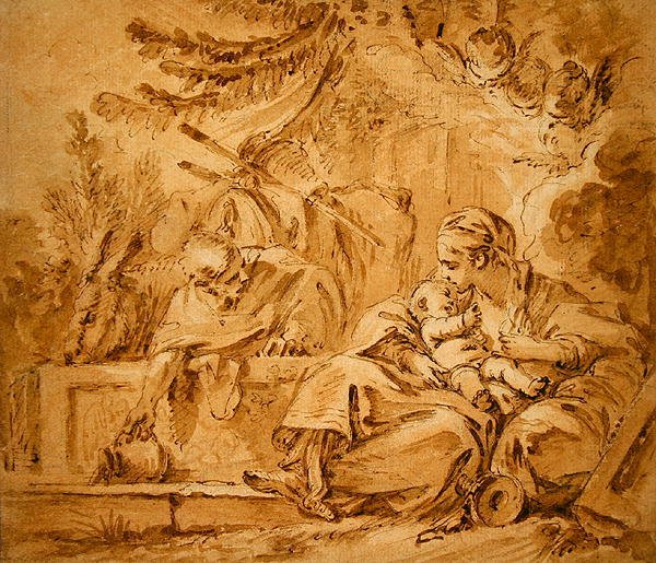 Odpočinek na letu do Egypta (pero a hnědý inkoust s růžovými a hnědými skvrnami na papíře) od François Boucher