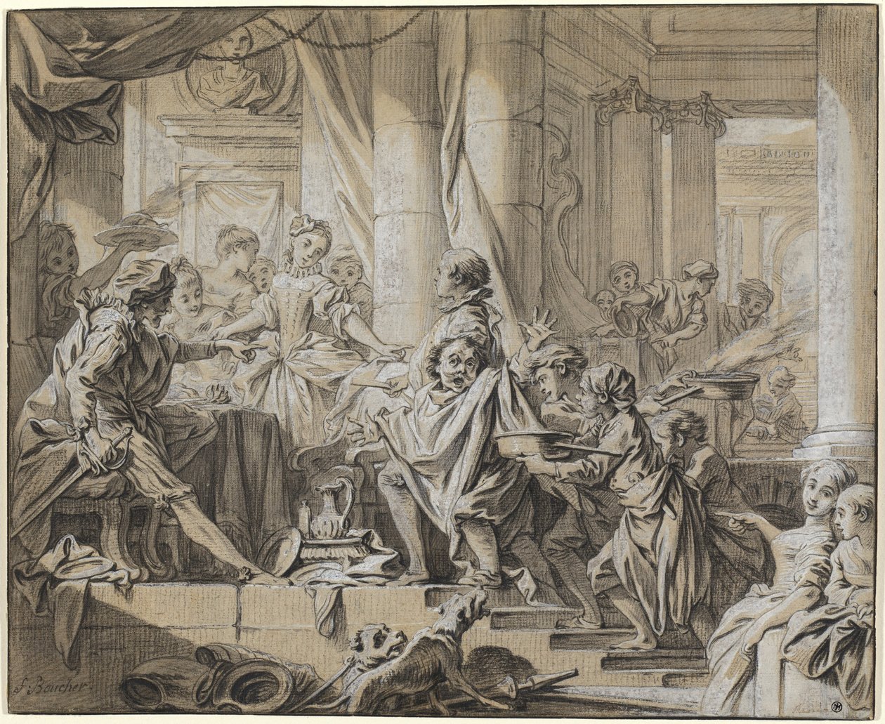 Sancho prchá před vévodovými sluhami od François Boucher