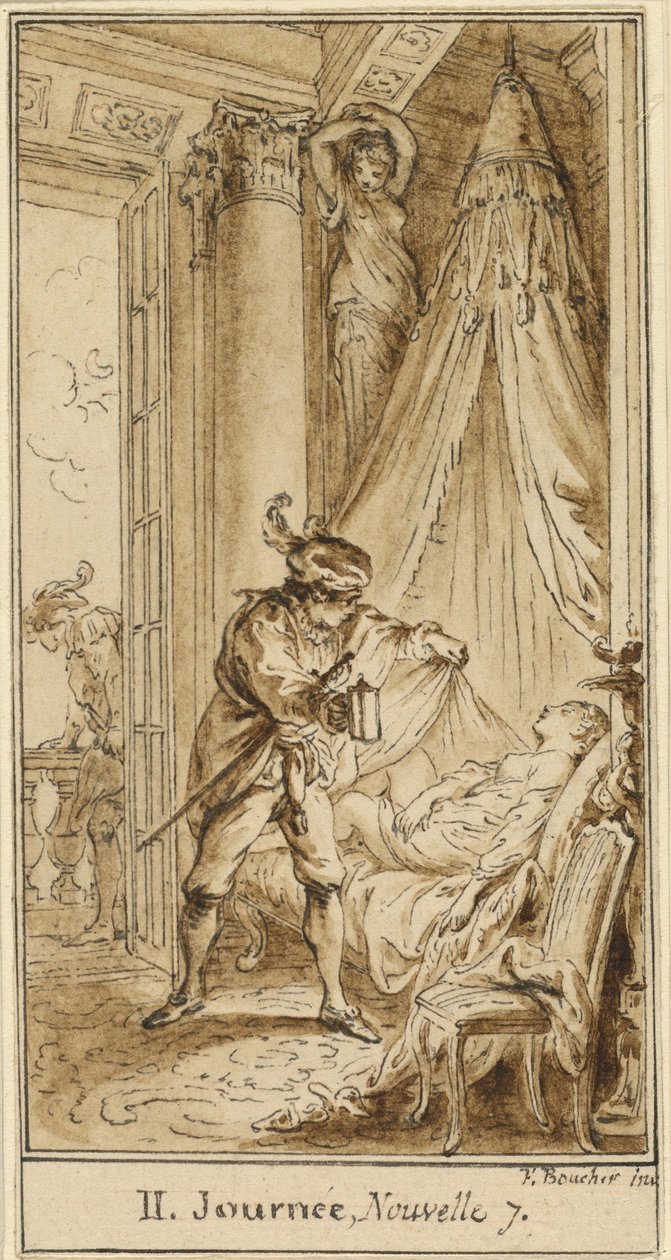 Druhý den, sedmé vyprávění: Athénský vévoda pozoruje spící princeznu Alatiel od François Boucher