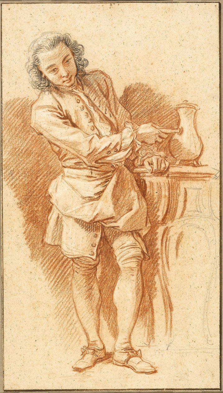 Studie komorníka s konvicí na kávu, asi 1739 (červená křída s černou křídou a nádechem grafitu, zvýrazněno bílou křídou, na buffém papíře) od François Boucher