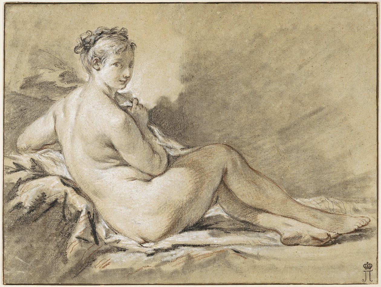 Studium ženského aktu - Francois Boucher (1703-1770). Sangvinik, černá a bílá křída na papíře od François Boucher