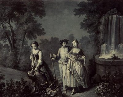 Dvě dívky a mladý zahradnictví u fontány (mezi perem a myčkou) od François Boucher