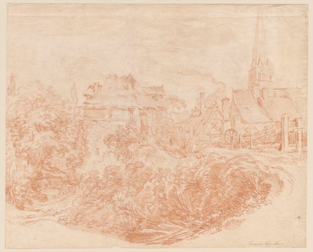 Pohled na venkovské budovy a kostelní věž od François Boucher