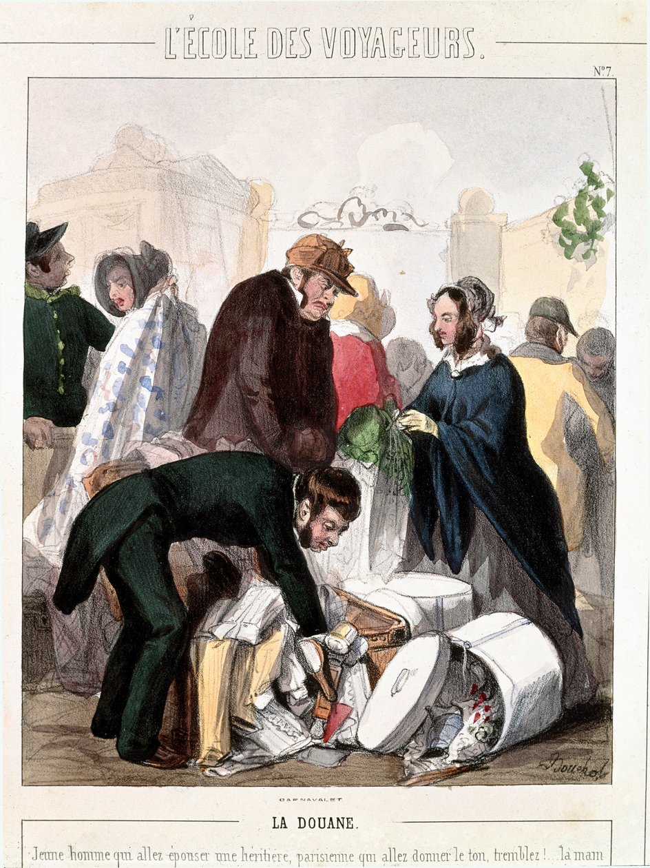Celní. Celní kontrola věna dědice, který se chystal provdat za mladého muže. Barevná rytina Francoise Bouchota (1800-1842), cca 1830. Paris, Musee Carnavalet od Francois Bouchot