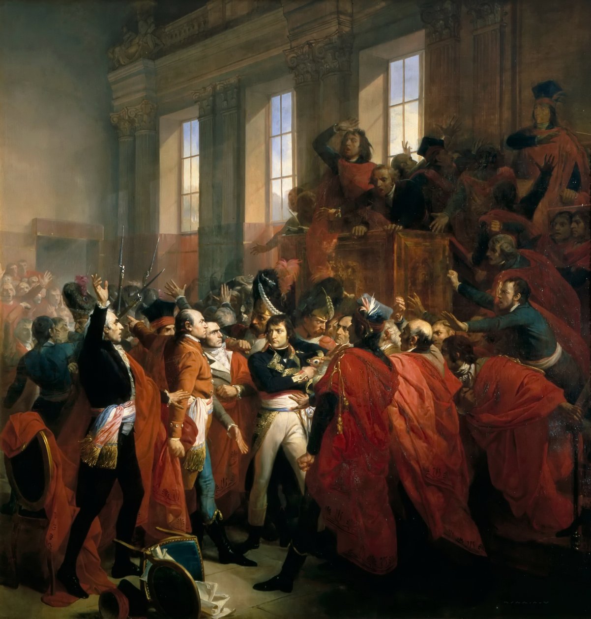 Generál Bonaparte obklopený členy Rady pěti set v Saint-Cloud, 10. listopadu, od Francois Bouchot