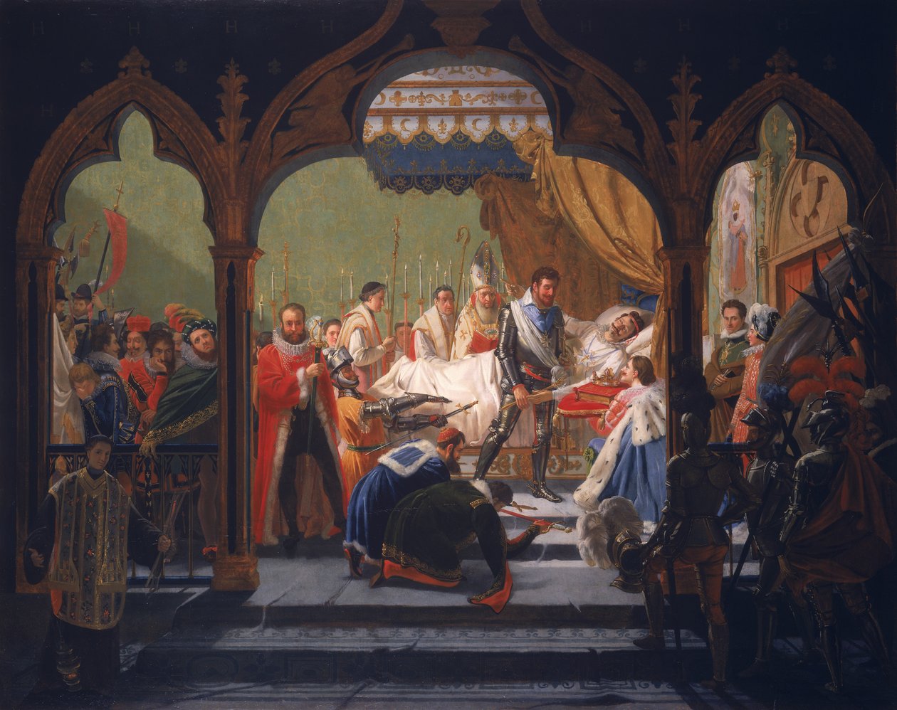 Henri IV (1553-1610) Získání atributů monarchie od umírajícího Henri III (1551-1589) 1814 od Francois Buffet