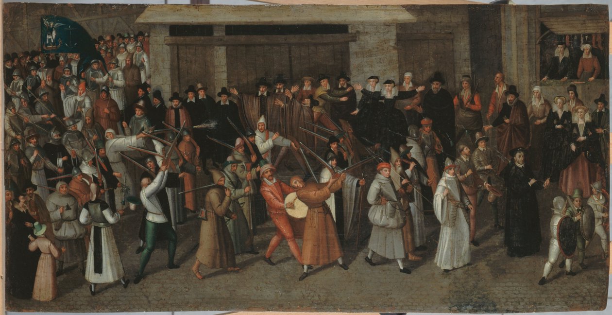 Průvod Ligy na ostrově Cité, u katedrály Notre-Dame, asi 1590 (olej na mědi) od Francois Bunel