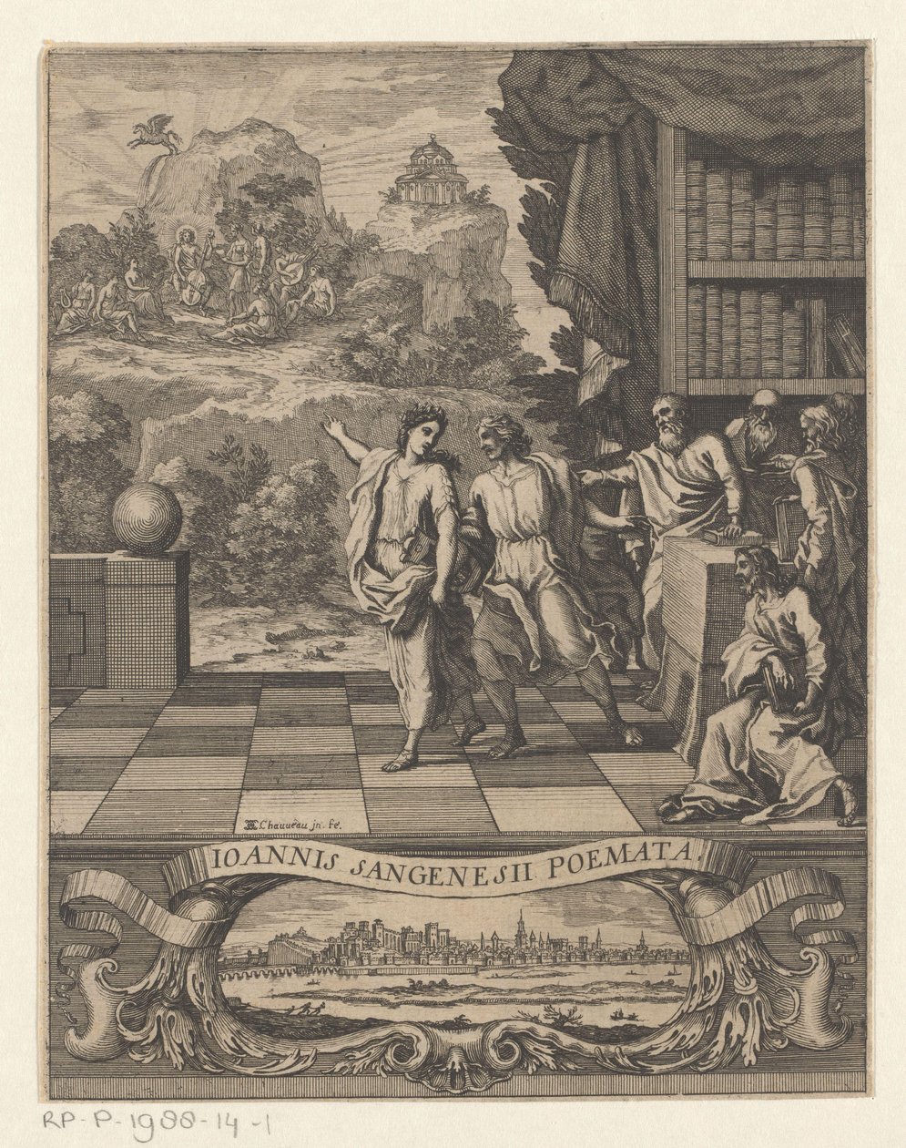 Alegorická ženská postava ukazuje mladého muže na horu Parnas Titulní strana pro: Jean de Saint-Genies, Ioannis Sangenesii Poëmata, 1654 od Francois Chauveau