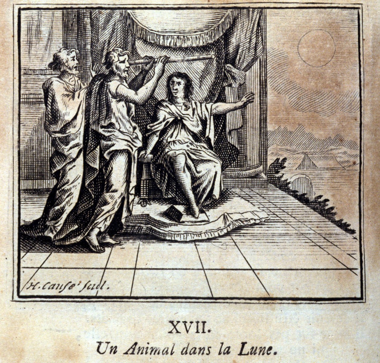 Zvíře na měsíci. Bajky Jean de La Fontaine (1621-95). Ilustrace François Chauveau (1613-1676). Vydání z roku 1728. od Francois Chauveau