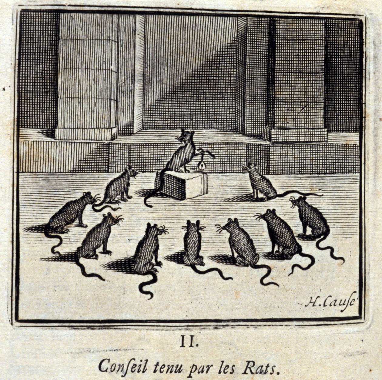 Rada držená Krysami. Bajky Jean de La Fontaine (1621-95). Ilustrace Francois Chauveau (1613-1676). Vydání z roku 1728. od Francois Chauveau