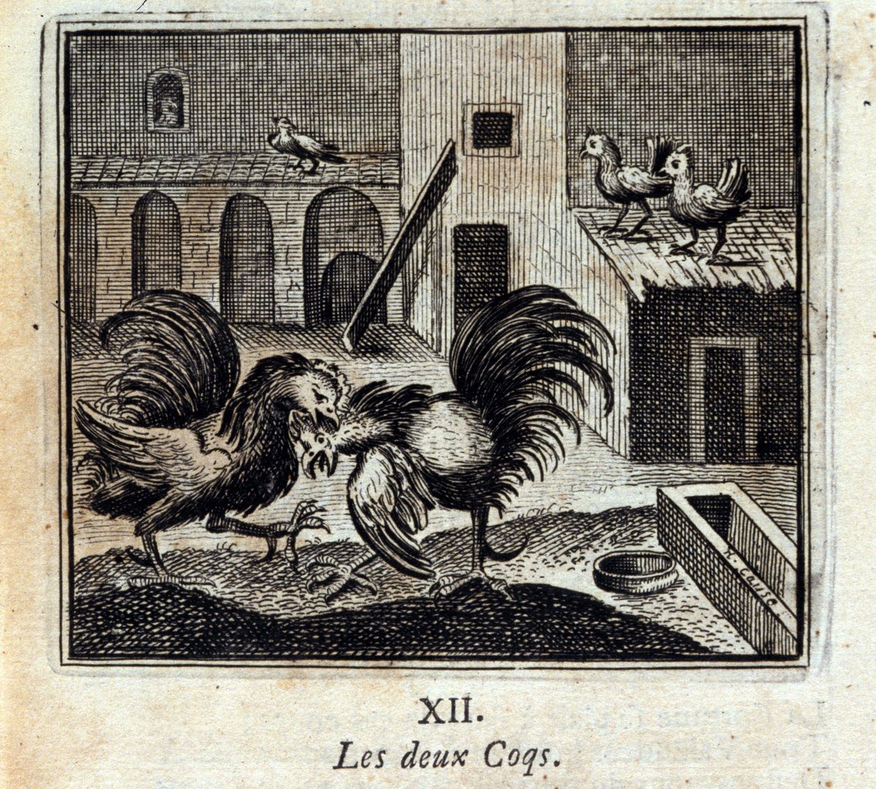 Oba kohouti. Bajky Jean de La Fontaine (1621-95). Ilustrace François Chauveau (1613-1676). Vydání z roku 1728. od Francois Chauveau