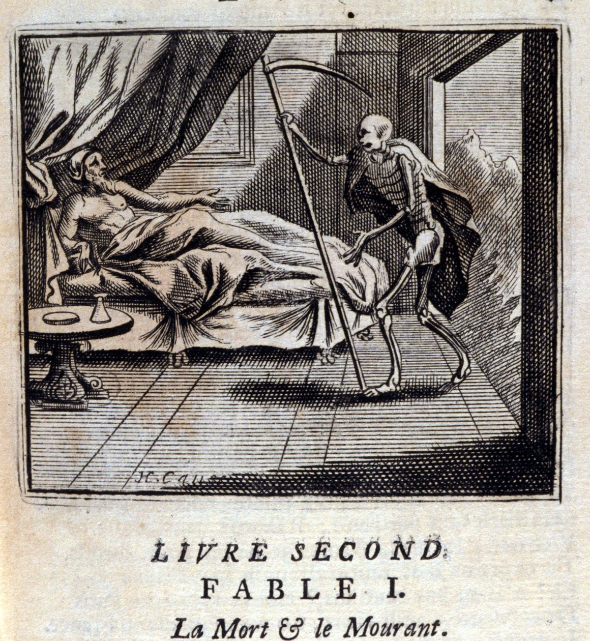 Smrt a umírání. Bajky Jean de La Fontaine (1621-95). Ilustrace Francois Chauveau (1613-1676). Vydání z roku 1728. od Francois Chauveau