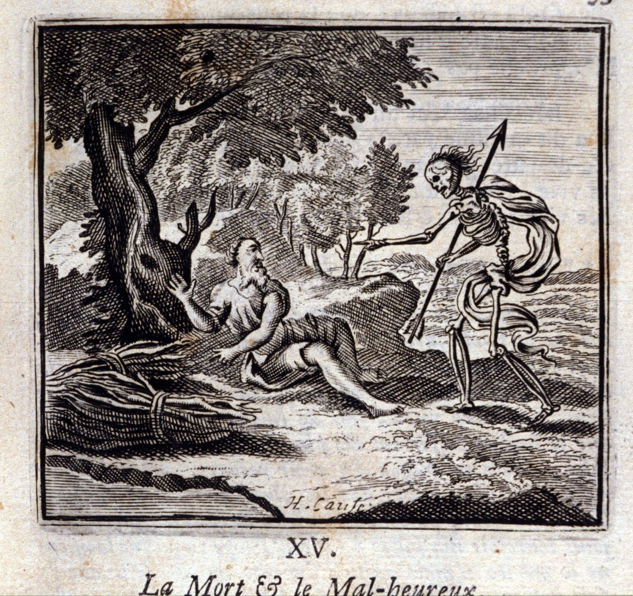 Smrt a nešťastní. Bajky Jean de La Fontaine (1621-95). Ilustrace Francois Chauveau (1613-1676). Vydání z roku 1728. od Francois Chauveau
