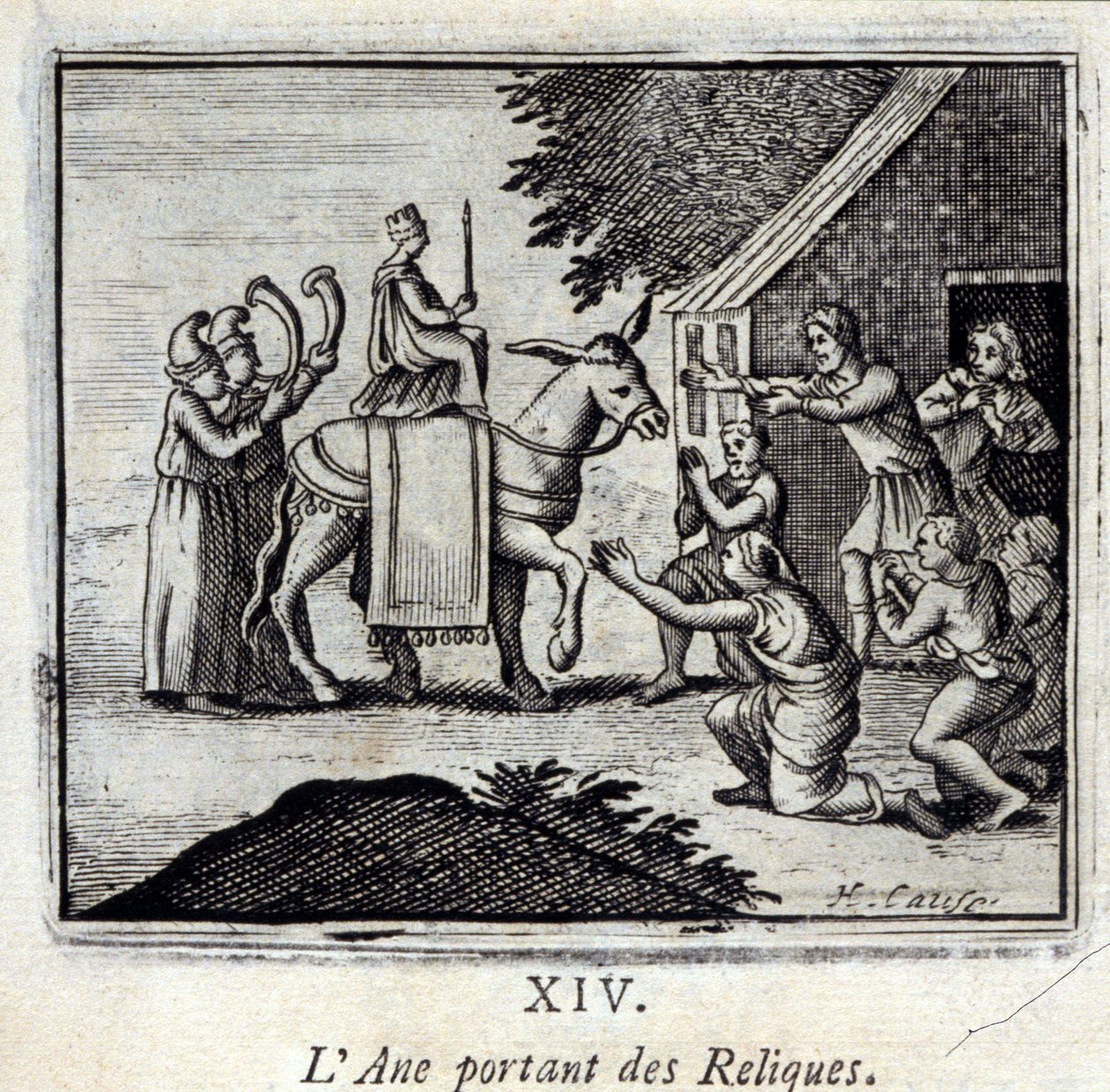Osel nesoucí relikvie. Bajky Jean de La Fontaine (1621-95). Ilustrace François Chauveau (1613-1676). Vydání z roku 1728. od Francois Chauveau