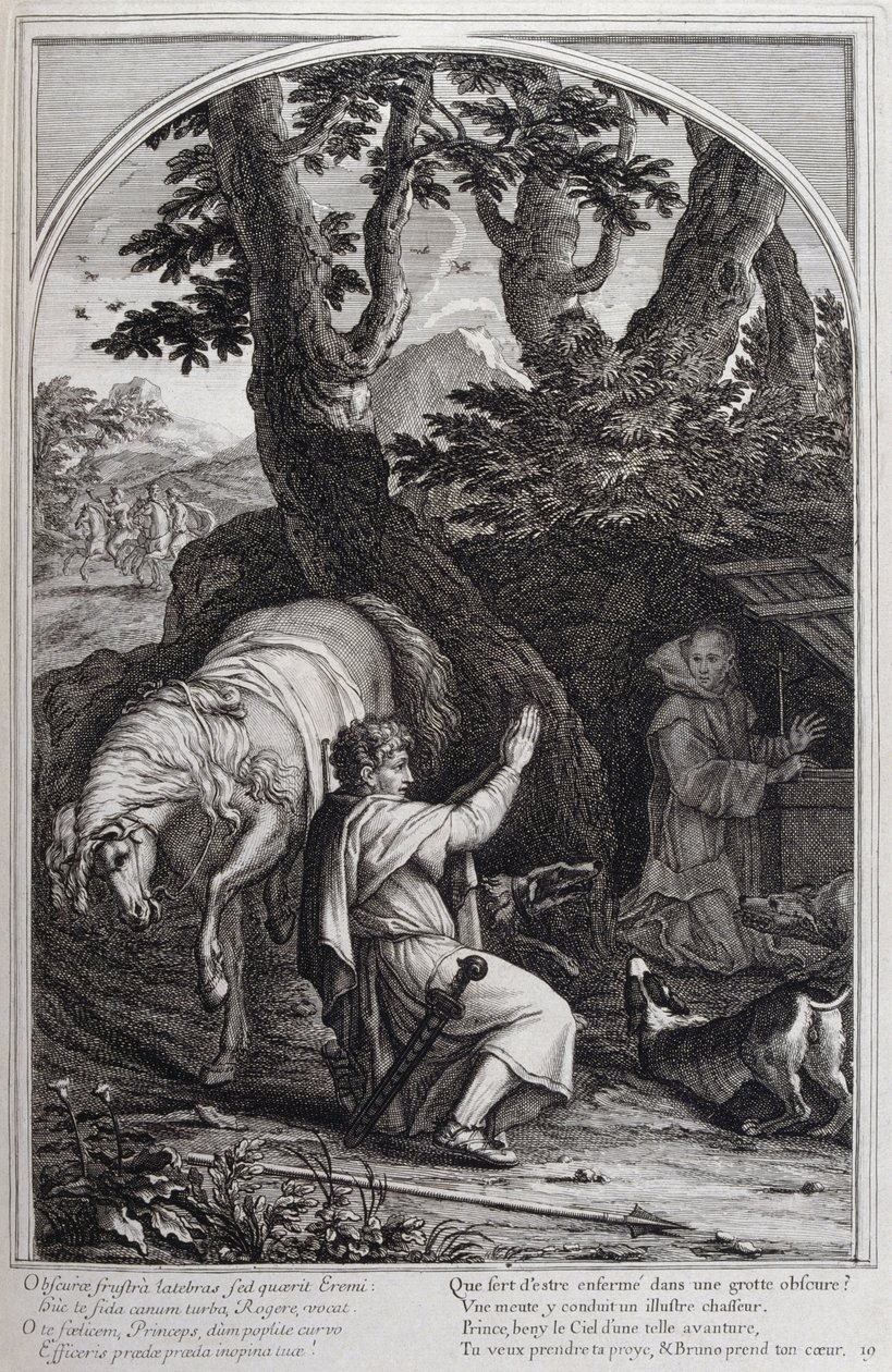 Ilustrace ze „Života sv. Bruna, zakladatele řádu Chartreux“ Paříž 1660. podle obrazů Eustache Le Sueur a rytiny Fran Sois Chauveau ©UIG/Leemage od Francois Chauveau