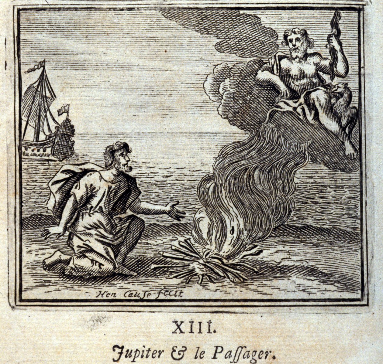 Jupiter a cestující. Bajky Jean de La Fontaine (1621-95). Ilustrace Francois Chauveau (1613-1676). Vydání z roku 1728. od Francois Chauveau