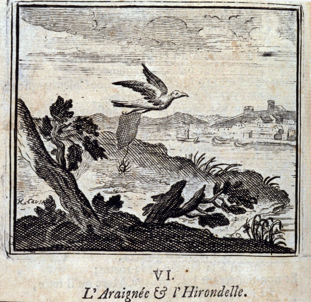 Pavouk a vlaštovka.Bajky Jean de La Fontaine (1621-95). Ilustrace François Chauveau (1613-1676). Vydání z roku 1728. od Francois Chauveau