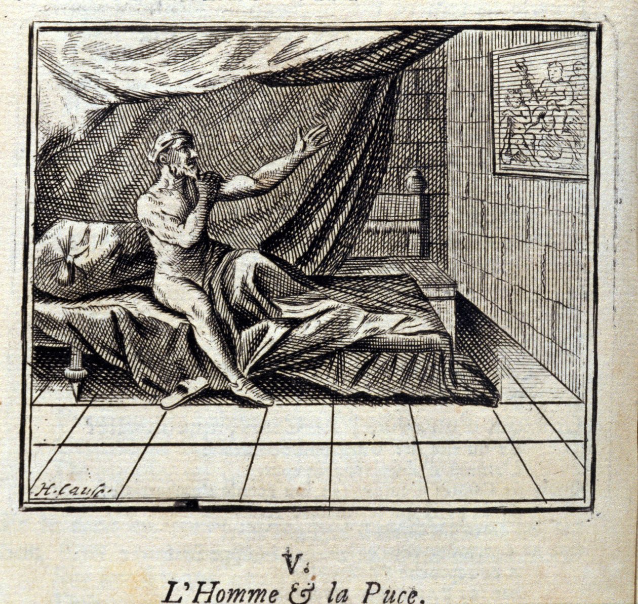 The Man and the Flea.Bajky Jean de La Fontaine (1621-95). Ilustrace Francois Chauveau (1613-1676). Vydání z roku 1728. od Francois Chauveau